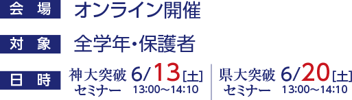 会場：オンライン開催　対象：全学年・保護者　日時：神大突破セミナー6/13（土）13：00～14：10　県大突破セミナー6/20（土）13：00～14：10